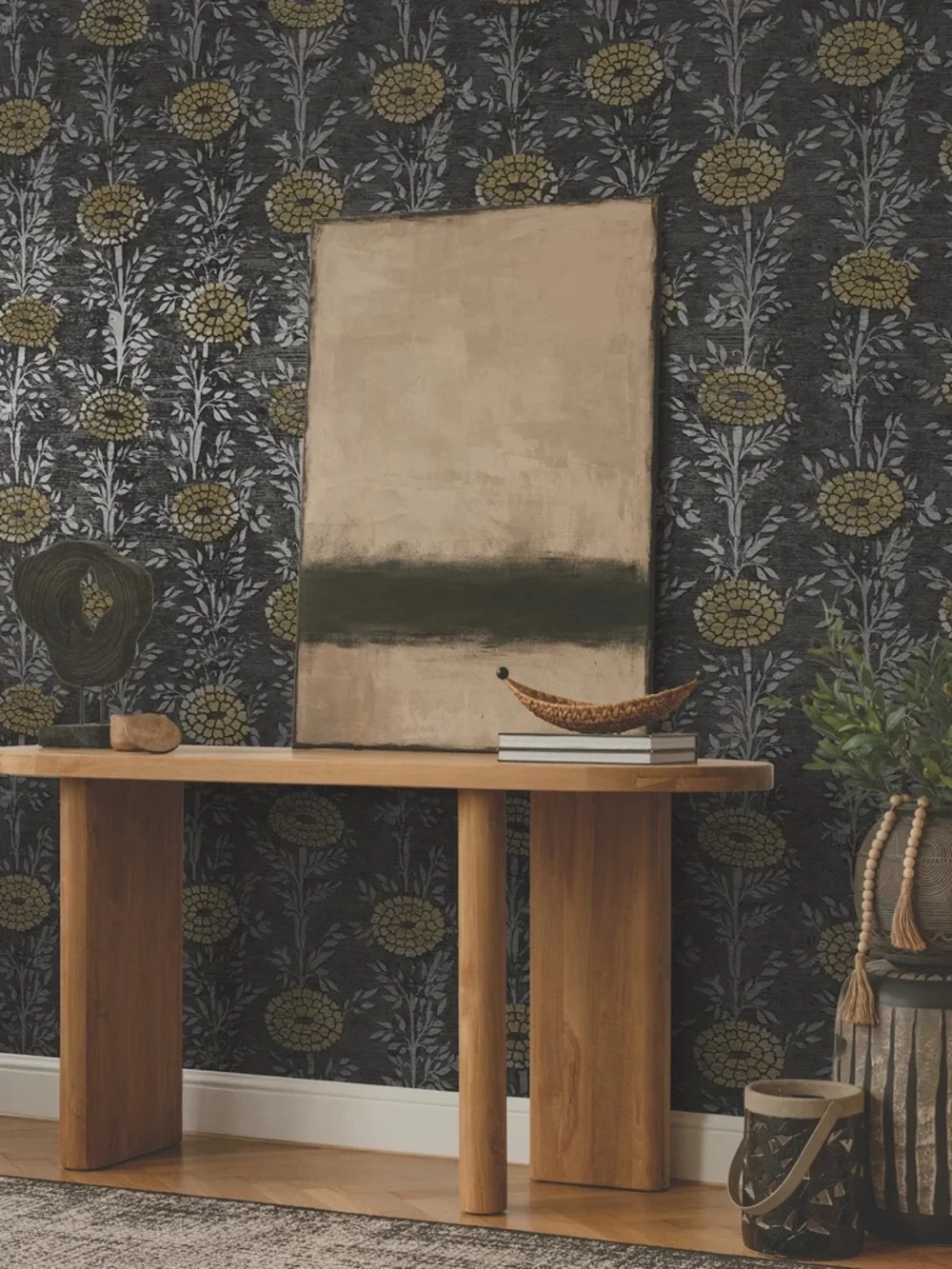 New Anthropologie French Marigold Textured Floral Wallpaper Mural Black